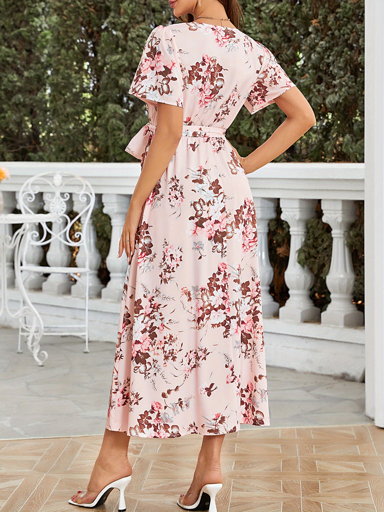 Floral Print Surplice Neck Dress Elegant Short Sleeve Split - Temu Norway
