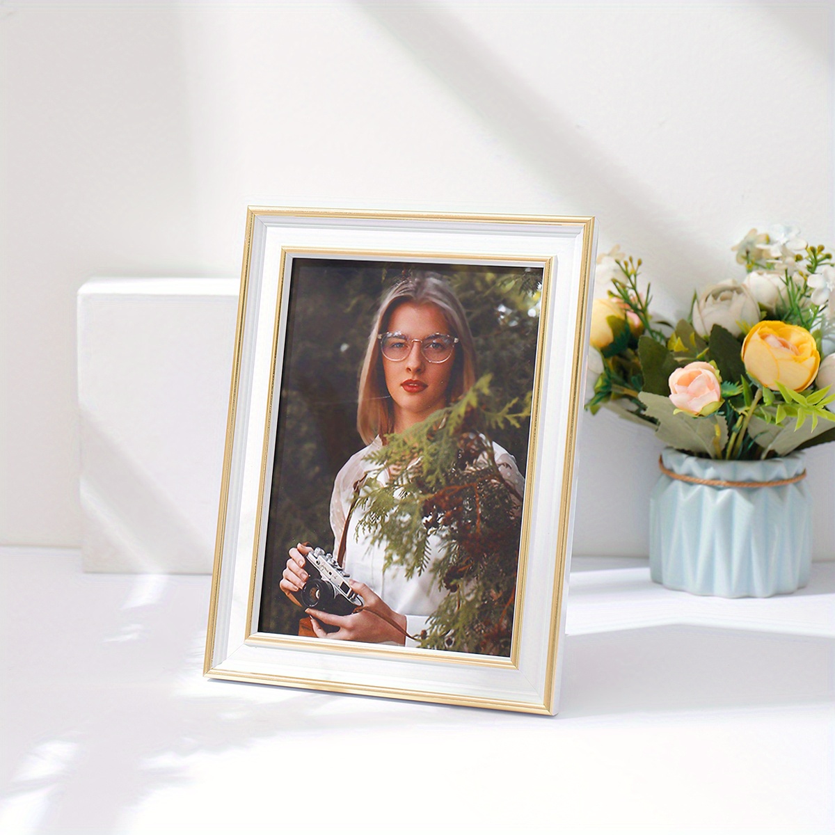 White Golden Edge Photo Frame Office Desktop Mounted Frame Temu