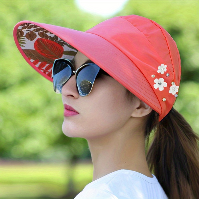 Wide Brim Sun Visor Foldable Picnic Hat Beach UV Protection Scallop for Outdoor with Faux Pearl & Flower, Women's Hat & Caps,Temu