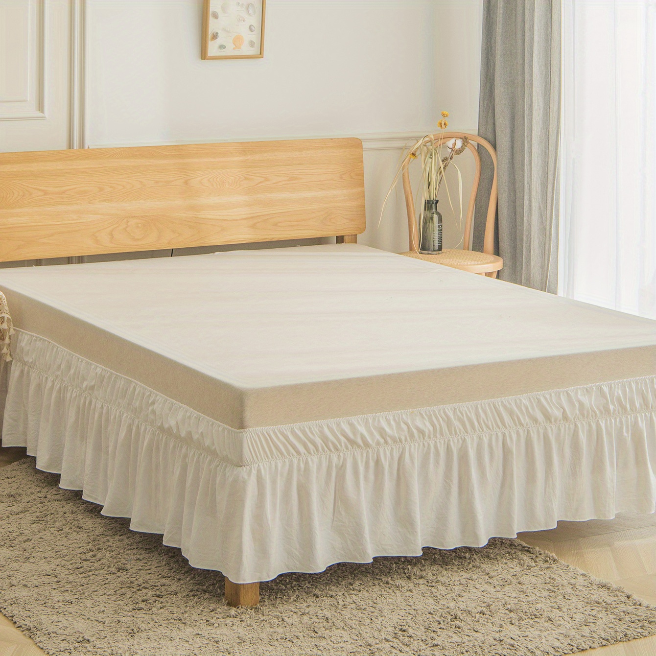 Image of 1pc Solid Color Washed Bed Skirt Elastic Adjustable, Soft Comfortable For Bedroom Living Room Decor