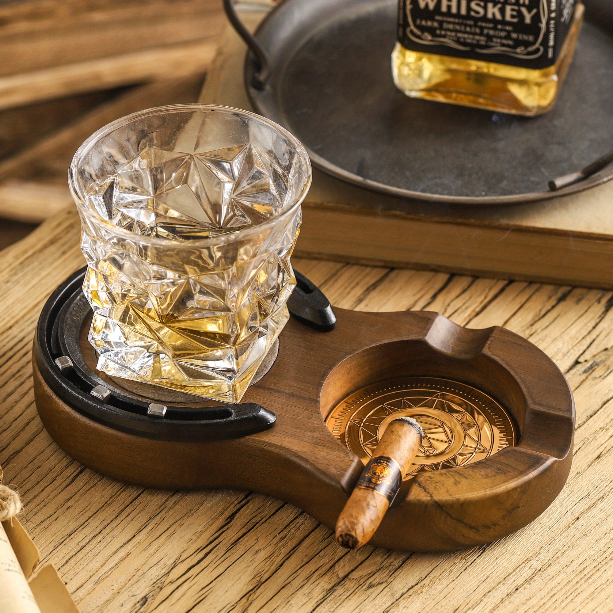 1pc wooden cigar ashtray handmade horseshoe design cigar accessories with 3 cigar slot portable travel cigar gifts for men indoor outdoor patio home office use details 8