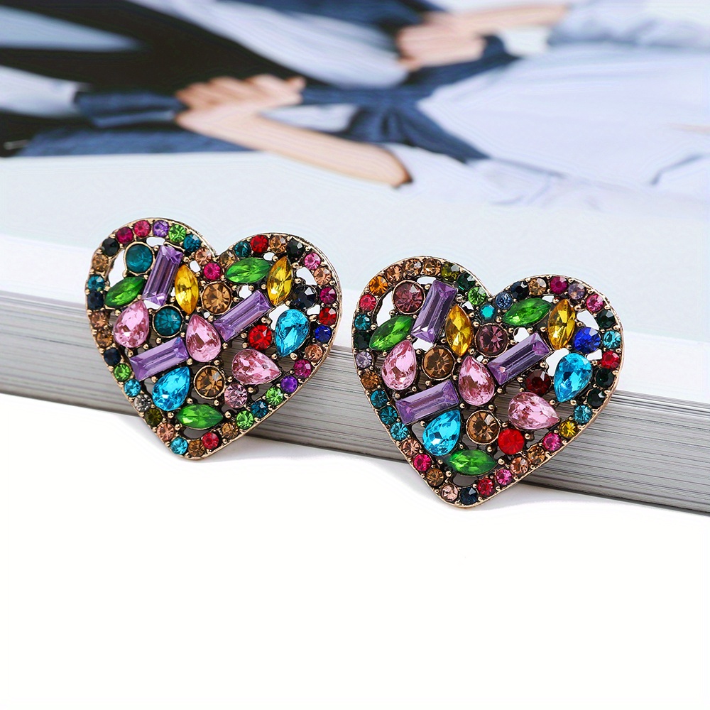 Multi Color Heart Shaped Earrings with Colorful Rhinestones On