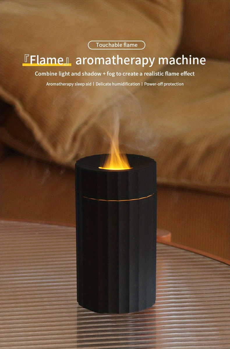 1pc flame air diffuser humidifier 100ml portable noiseless aroma diffuser for home office or yoga essential oil diffuser with no water auto off protection warm light seven color light switch at will black white details 0