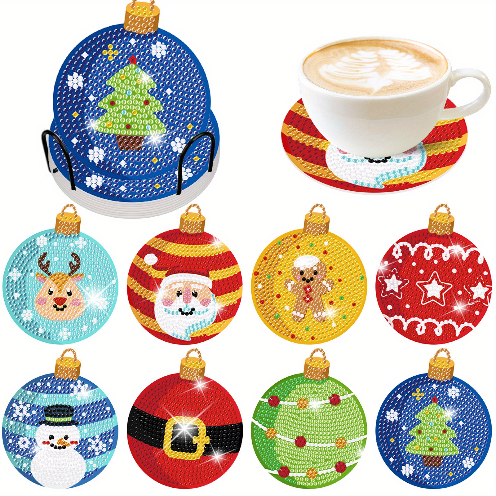  8 Pcs Christmas Diamond Art Painting Coasters Kits with Holder  DIY Christmas Candy Santa Diamond Art Coaster Non Slip Coaster for Adults  Xmas Holiday Diamond Painting Kits Supplies