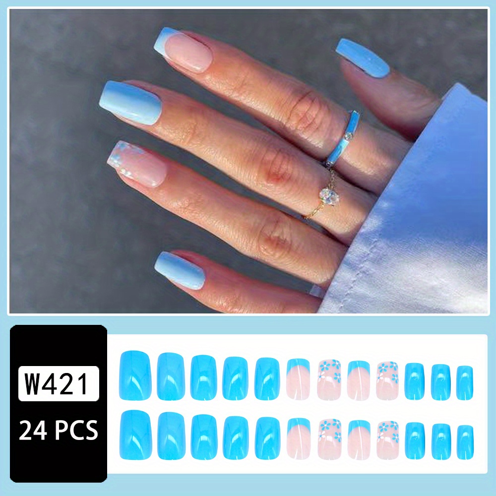 24pcs glossy medium square fake nails blue french tip press on nails with flower deisgn summer fresh and cute false nails for women girls details 2