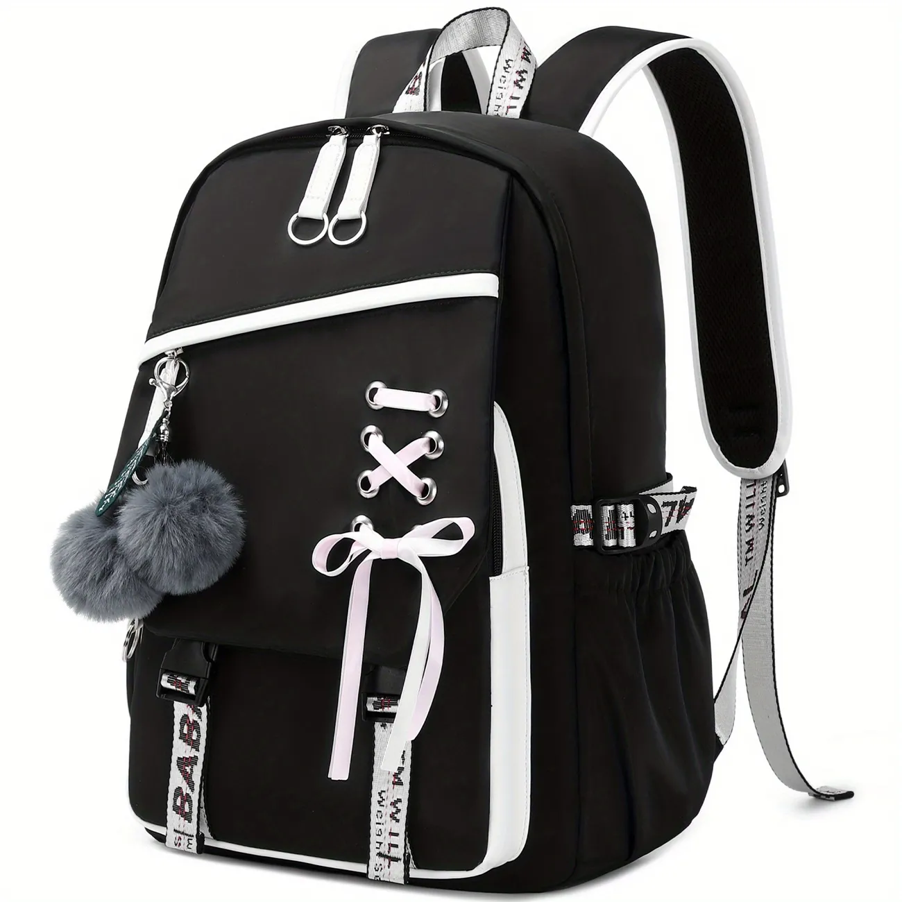 Girl School Backpack With Two Small Plush Ball, Fashion Contrast