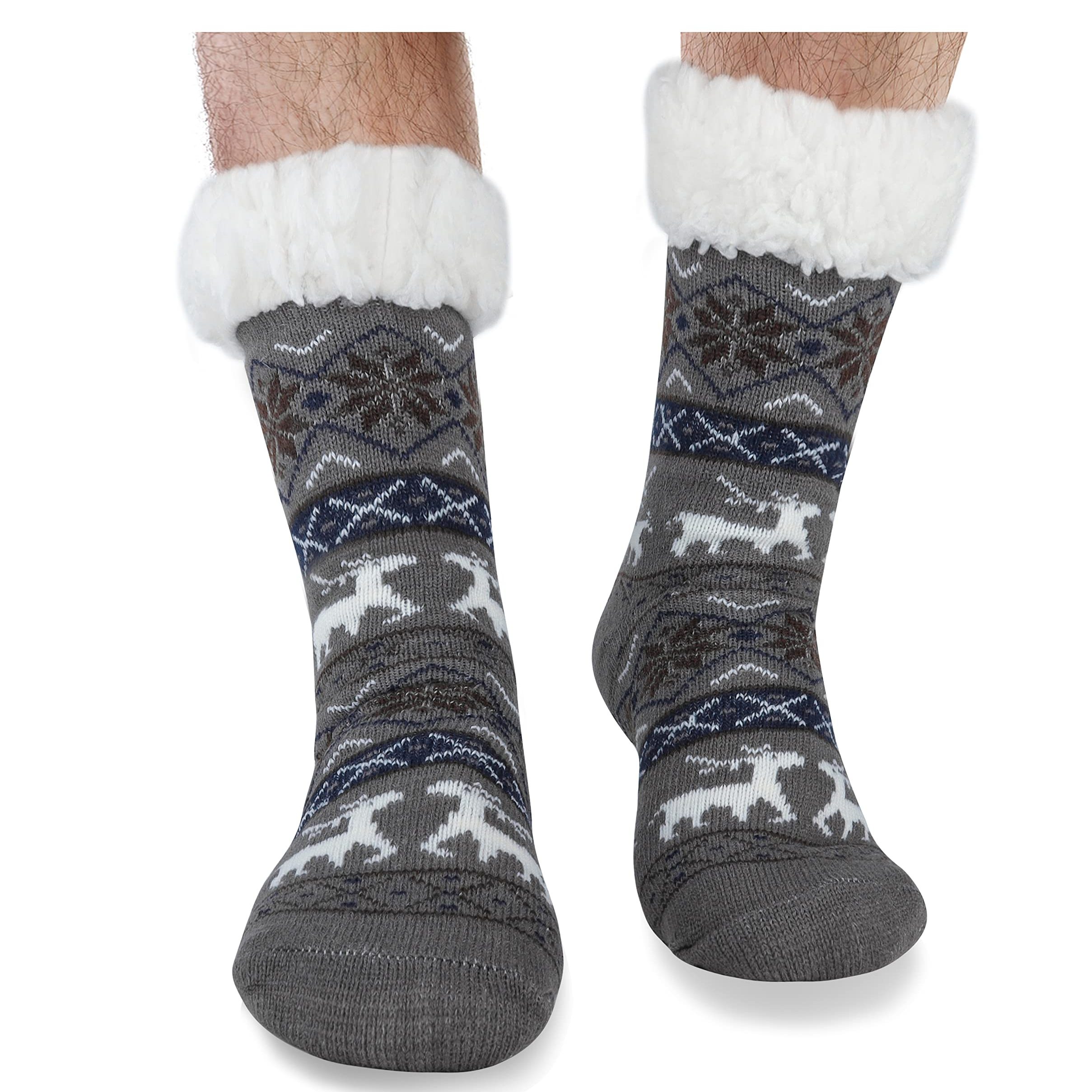 Slipper Socks for Women Wool Socks Winter Thick Non Slip Warm Cozy Socks,Gray,One  Size 