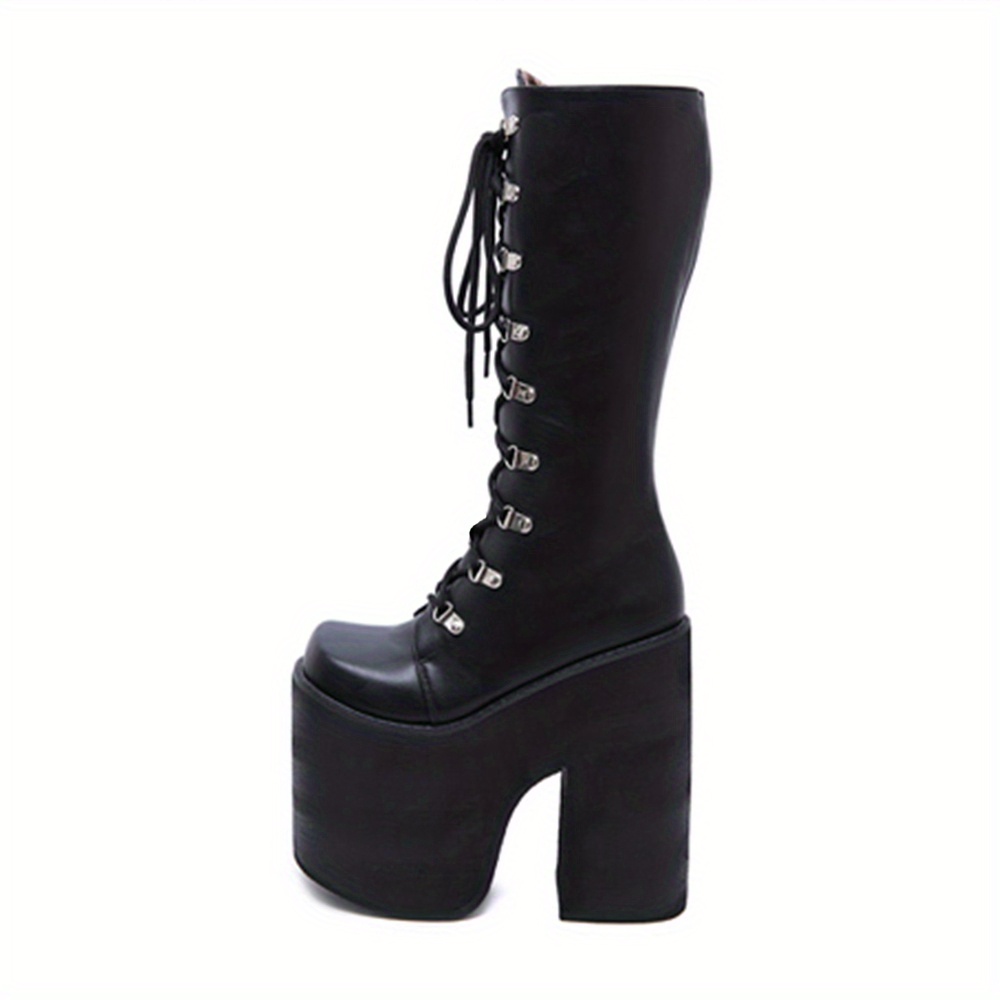 Women's Y2k Side Zipper Platform Boots Black Closed Toe Lace - Temu