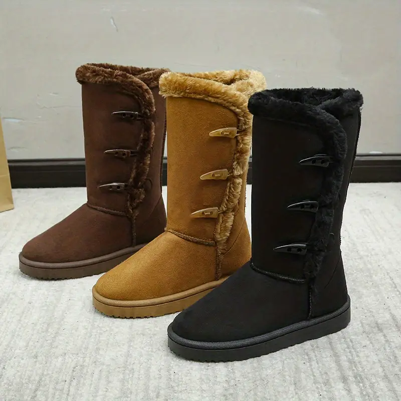 womens solid color long boots slip on round toe thermal lined velvet warm buckle mid calf shoes winter comfy shoes details 3