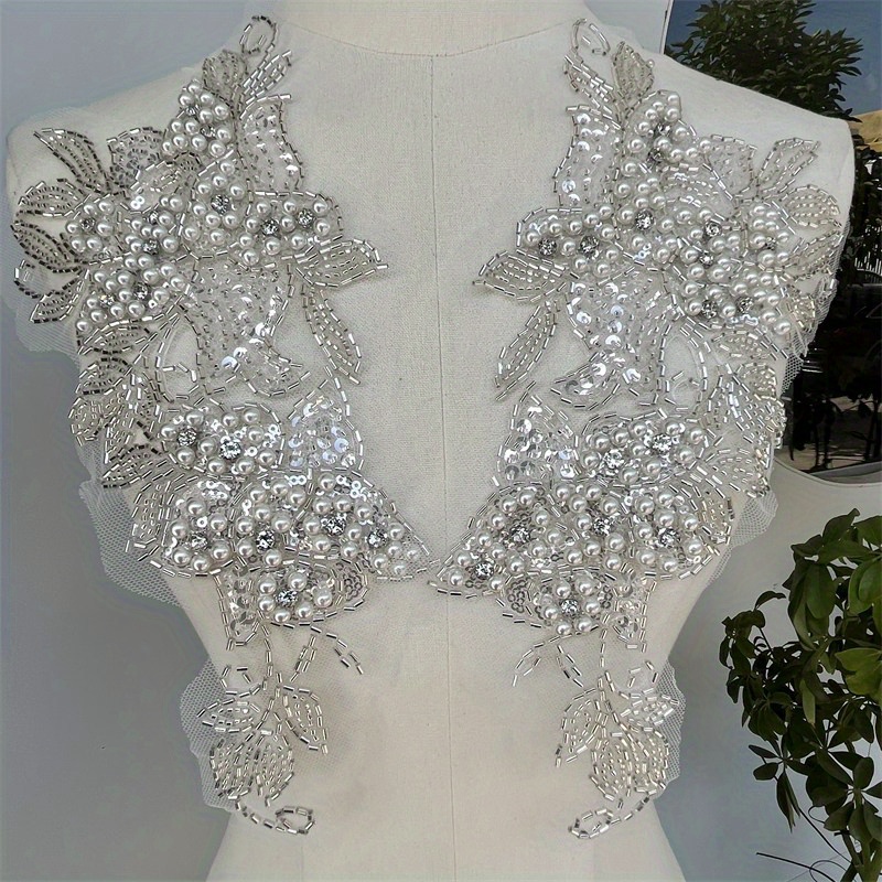 Image of 1 Pair Of New-style Beaded Lace Flower Wedding Dress With This White Flower Paste Bride Dress Bead Flower Paste, Clothing Lace Accessories