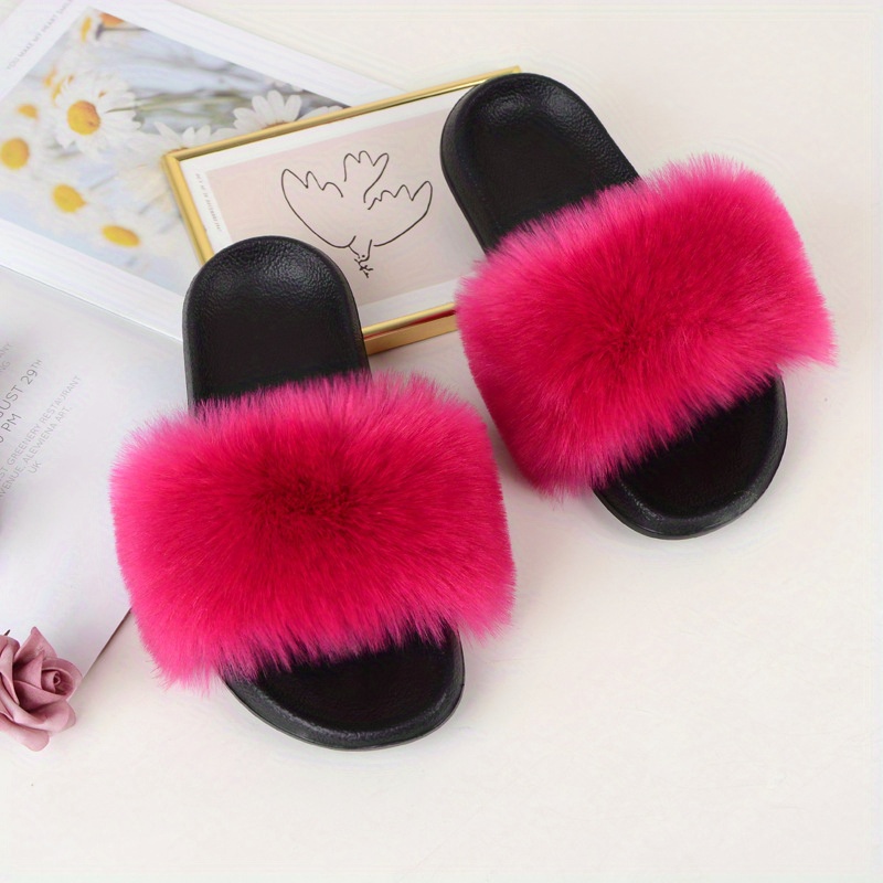 Women s Faux Fur Slides Slippers Open Toe Slip Flat Indoor Temu