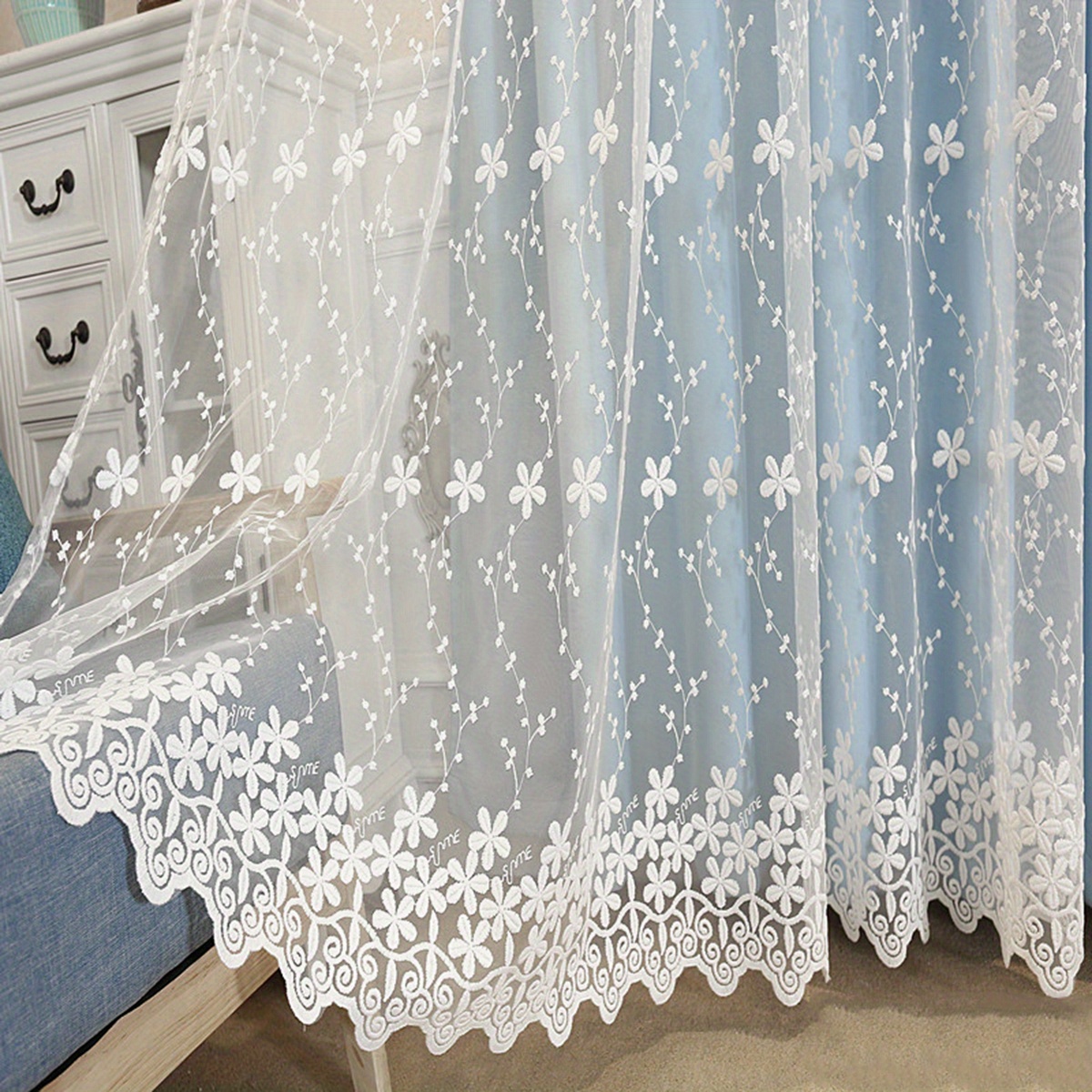 1pc simple romantic white small flower embroidery sheer curtain rod pocket window treatment for living room bedroom office home decoration details 3