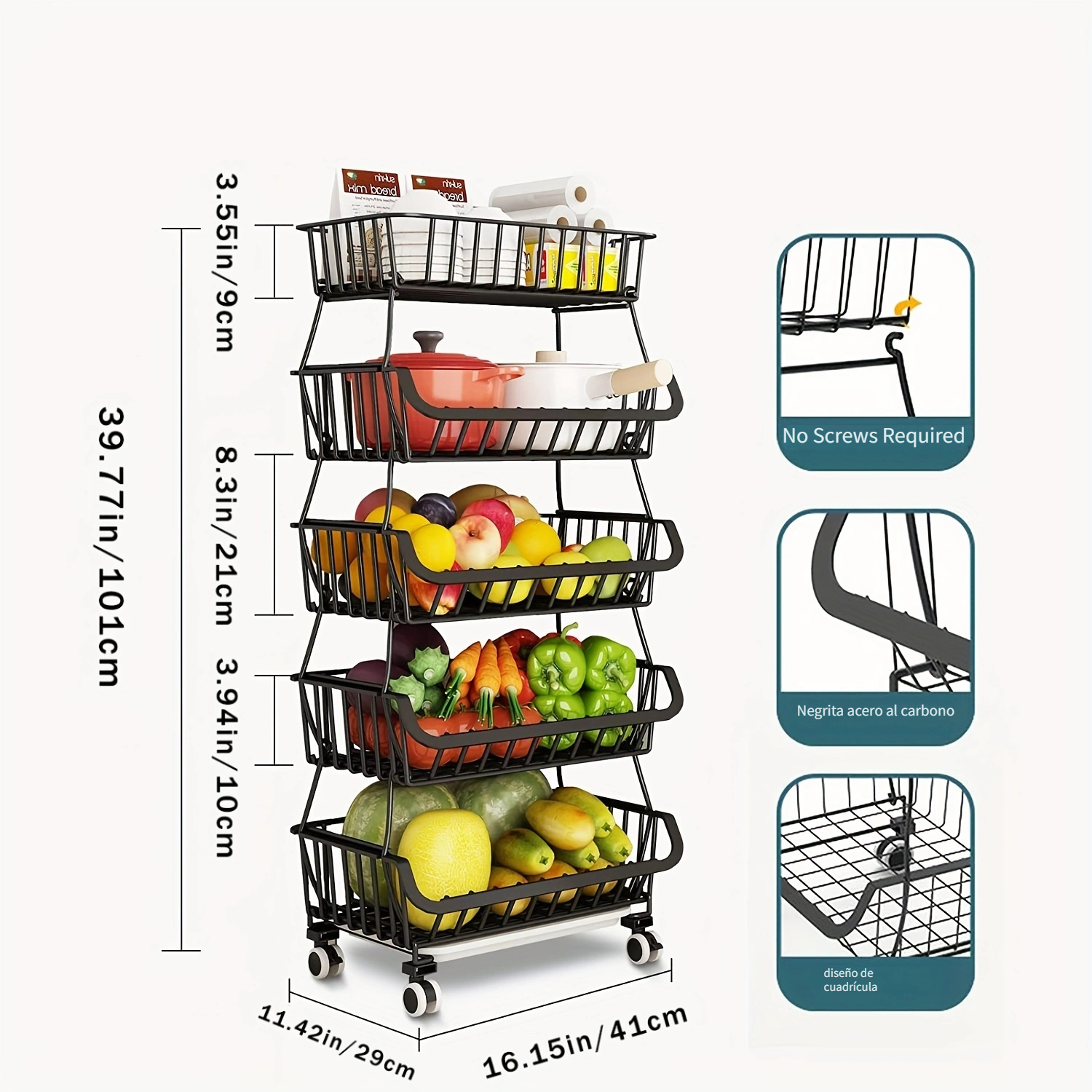 Cesta de frutas y verduras para cocina, carrito utilitario rodante, estante  de metal para despensa, fuerte capacidad de carga, almacenamiento