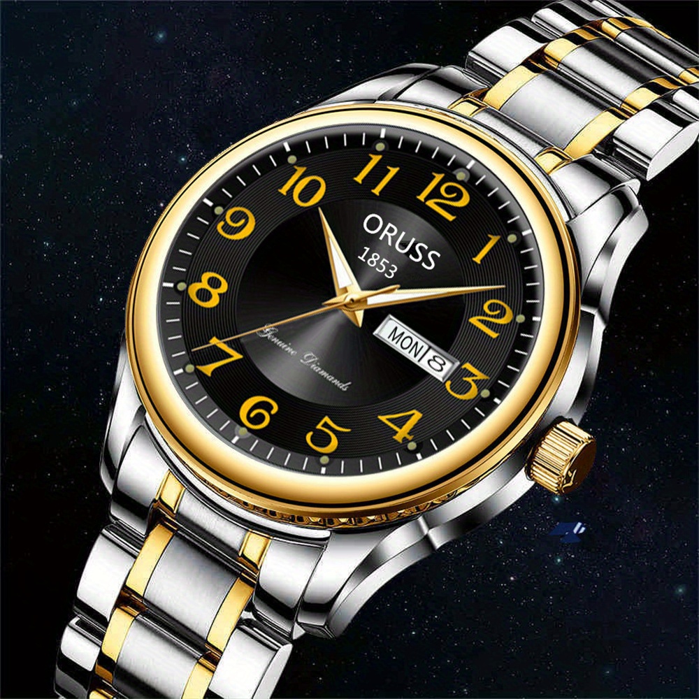 popular   elegant mens business watch precision digital scale dual calendar   alloy case band quartz movement details 3