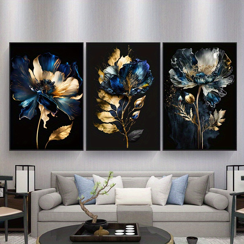 Canvas Painting Black Blue Flowers Abstract Oil Painting - Temu United ...