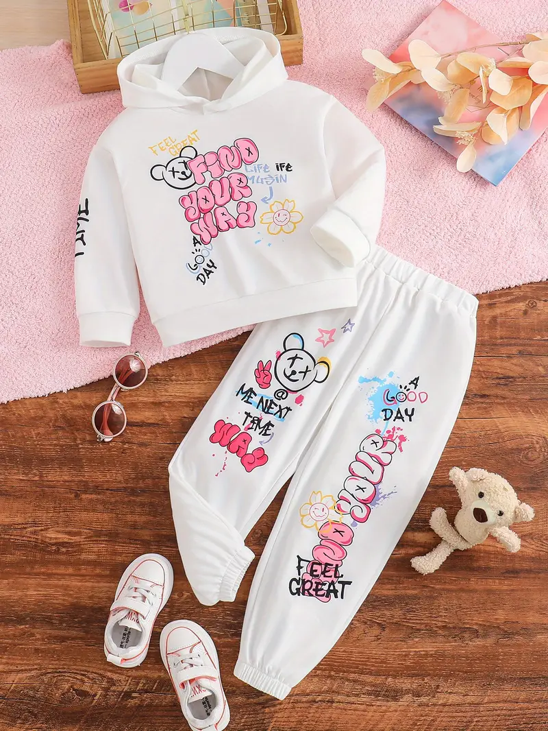 toddler girls cartoon graffiti pattern 2pcs hoodie sweatpants set street style casual outfits kids clothes for spring fall details 0
