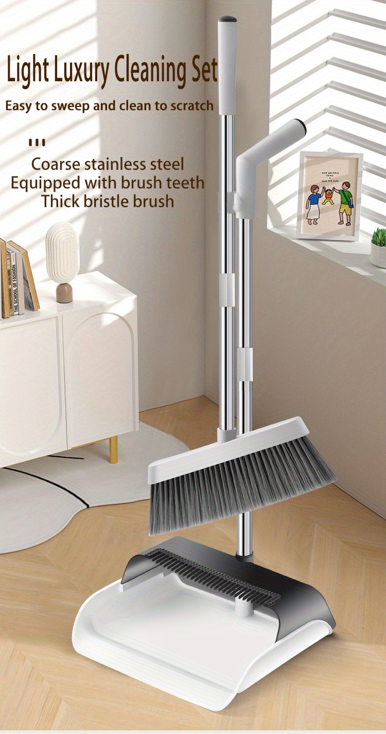 Broom and Dustpan Set - Upright Dustpan and Broom Combo Set - Self Cleaning  with Dustpan Teeth Standing Dust Pan for Home Kitchen Easy Assembly