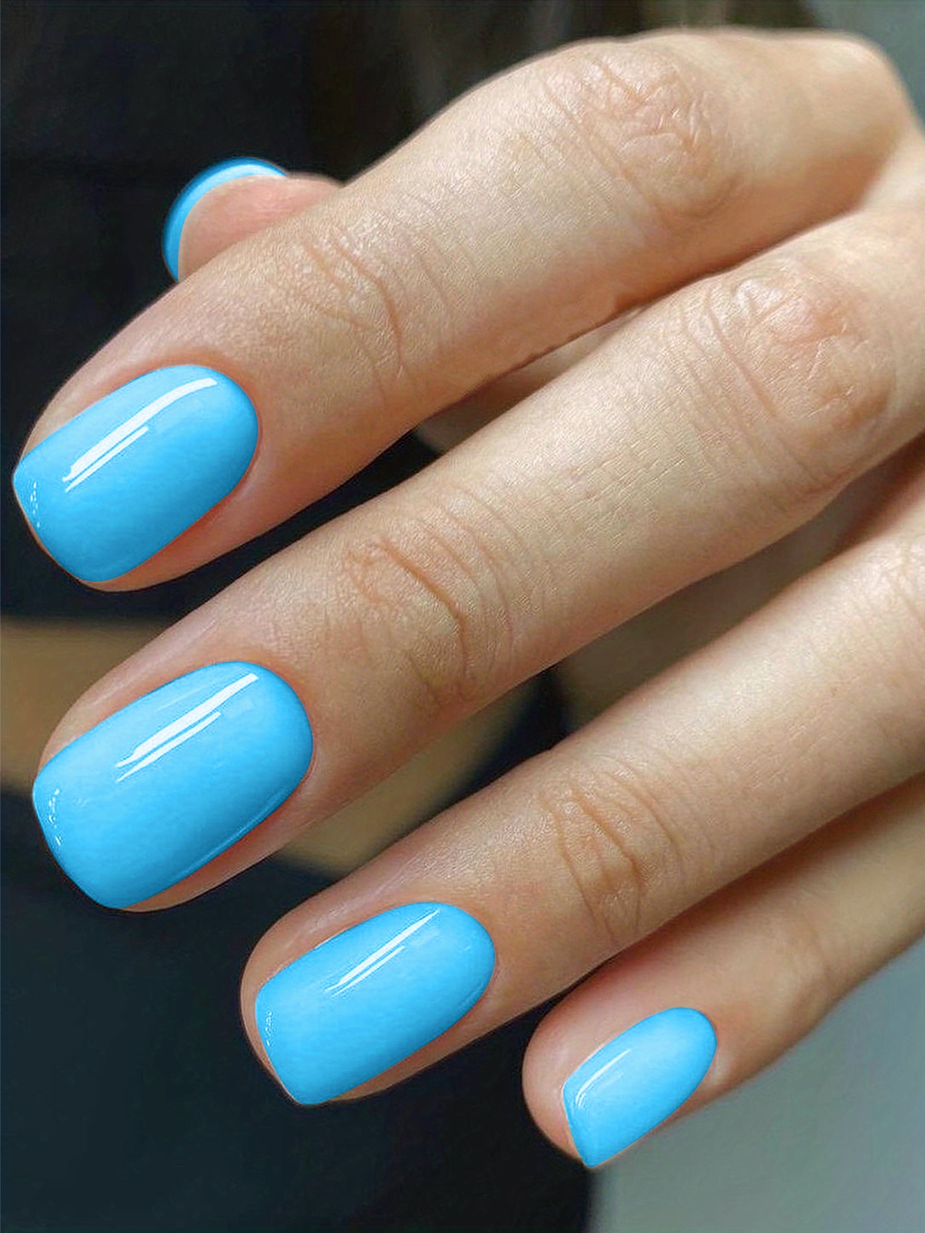 24pcs glossy short square fake nails sweet cool baby blue press on nails solid color false nails for women girls daily wear details 0