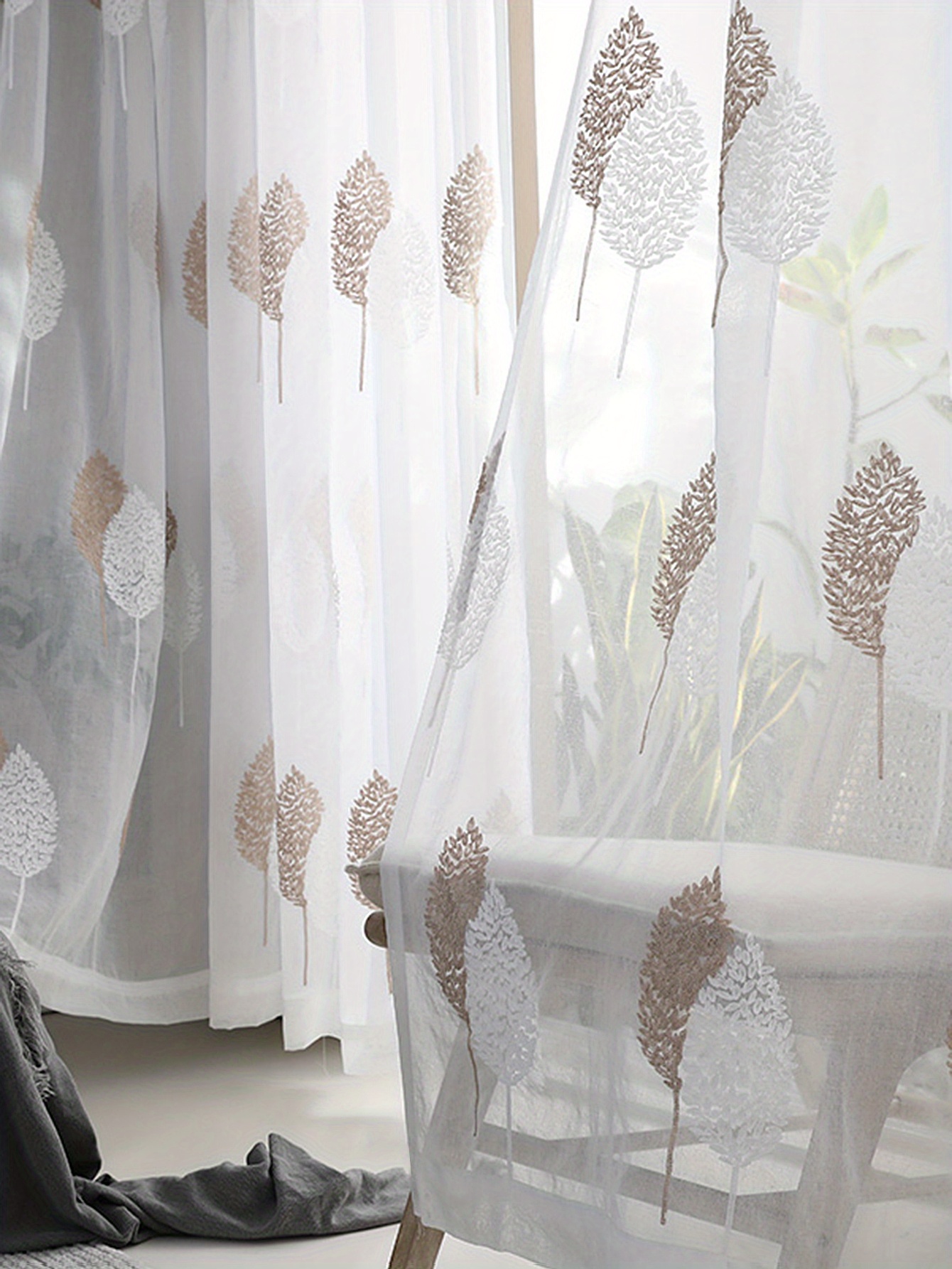 1pc simple embroidery tulle   style leaf embroidery sheer curtain translucent rod pocket curtain suitable for living room bedroom home decor details 10