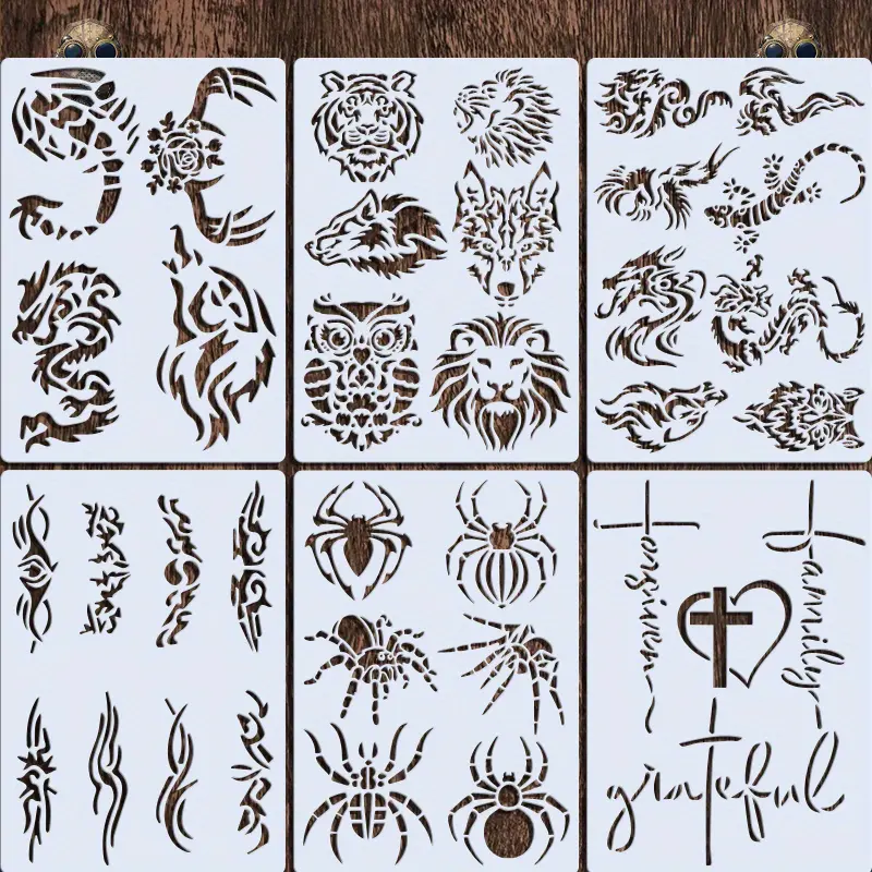 6 Sheets Of 8.26*5.83 Inch Tattoo Stencil, Lion Head. Spider. Wolf. Dragon  Face Body Painting Stencil Kit, students Glitter Tattoo Stencil, School Per