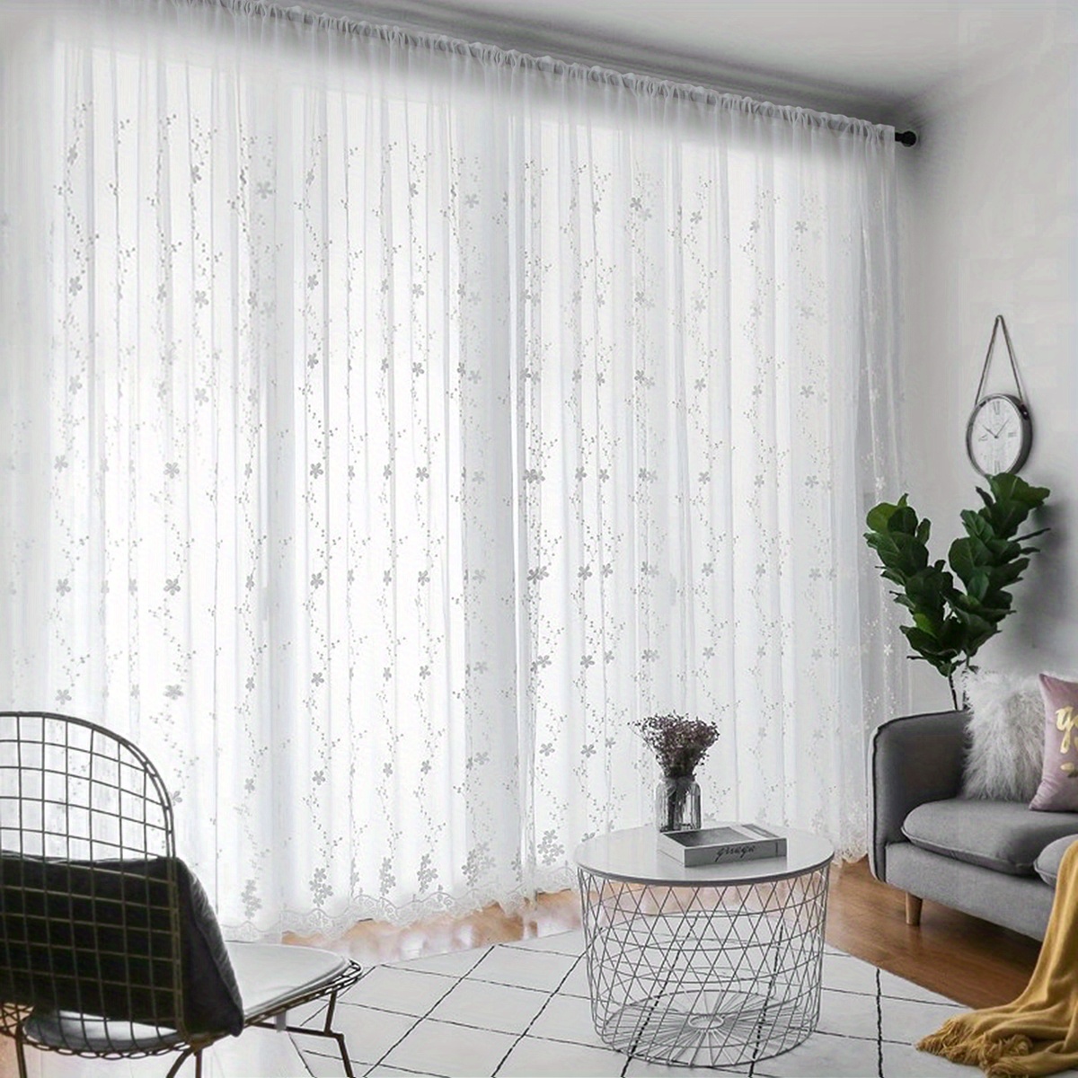 TEMU 1pc Simple Romantic White Small Flower Embroidery Sheer Curtain, Rod Pocket Window Treatment For Living Room Bedroom Office Home Decoration
