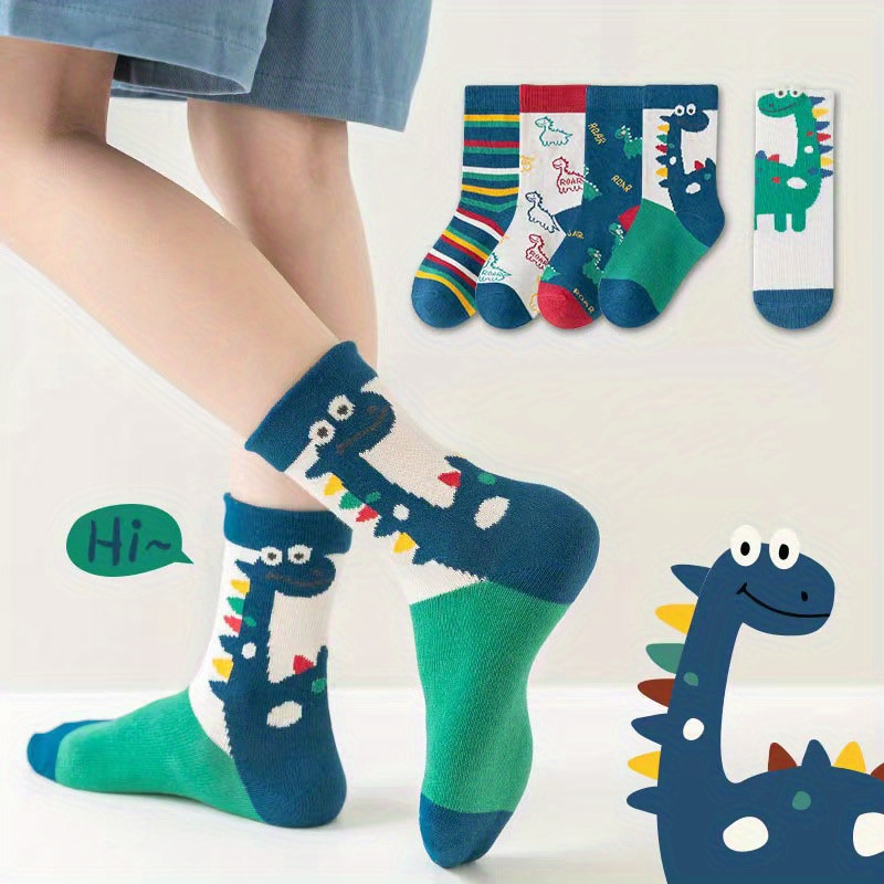 Image of 5 Pairs Of Spring And Autumn Mid-calf Socks For Boys, Cartoon Dinosaur Sweat-absorbent Breathable Trendy Socks For Students, Sweat-resistant