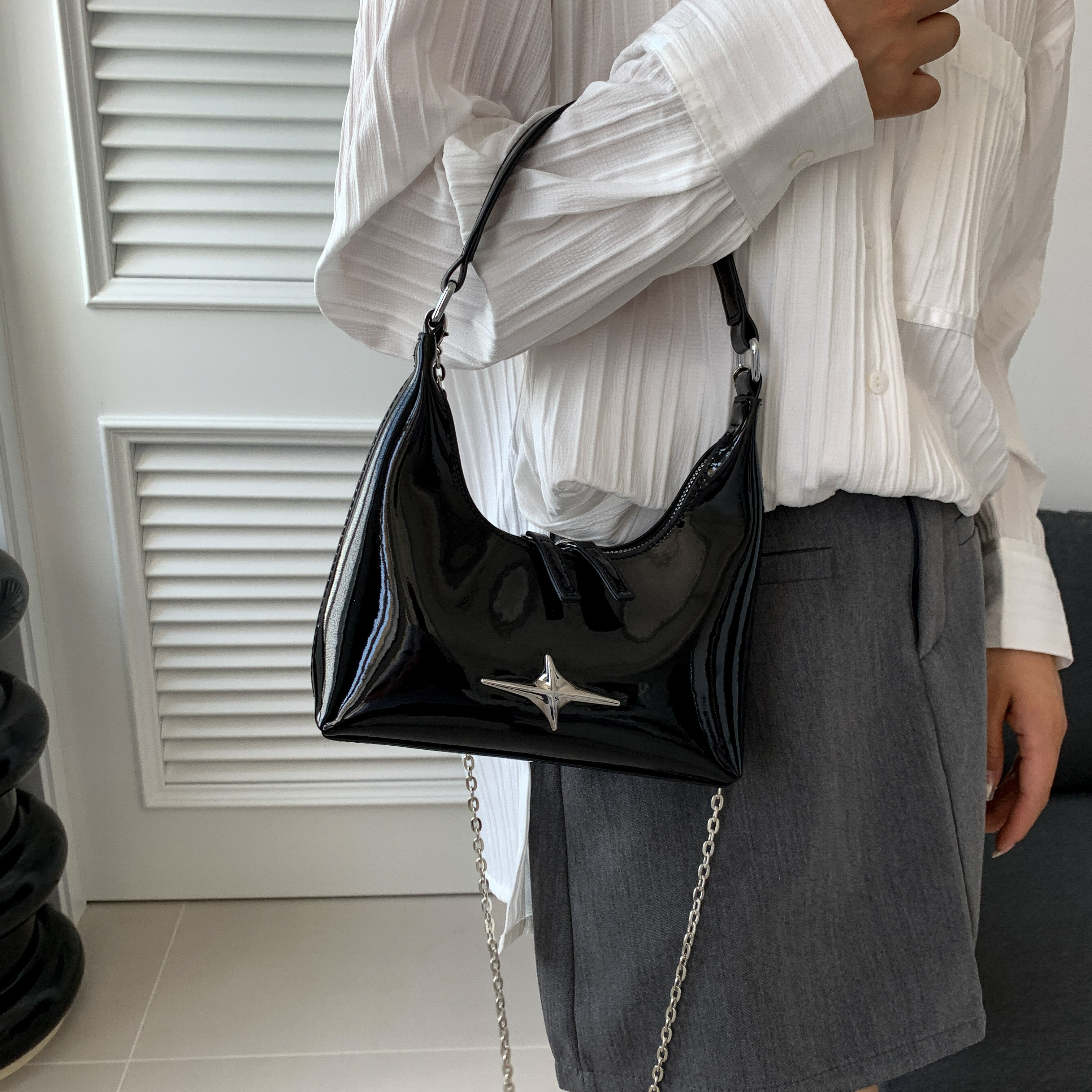 Pu Leather Mirror Handbag, Y2k Crescent Handbag, Trendy Chain