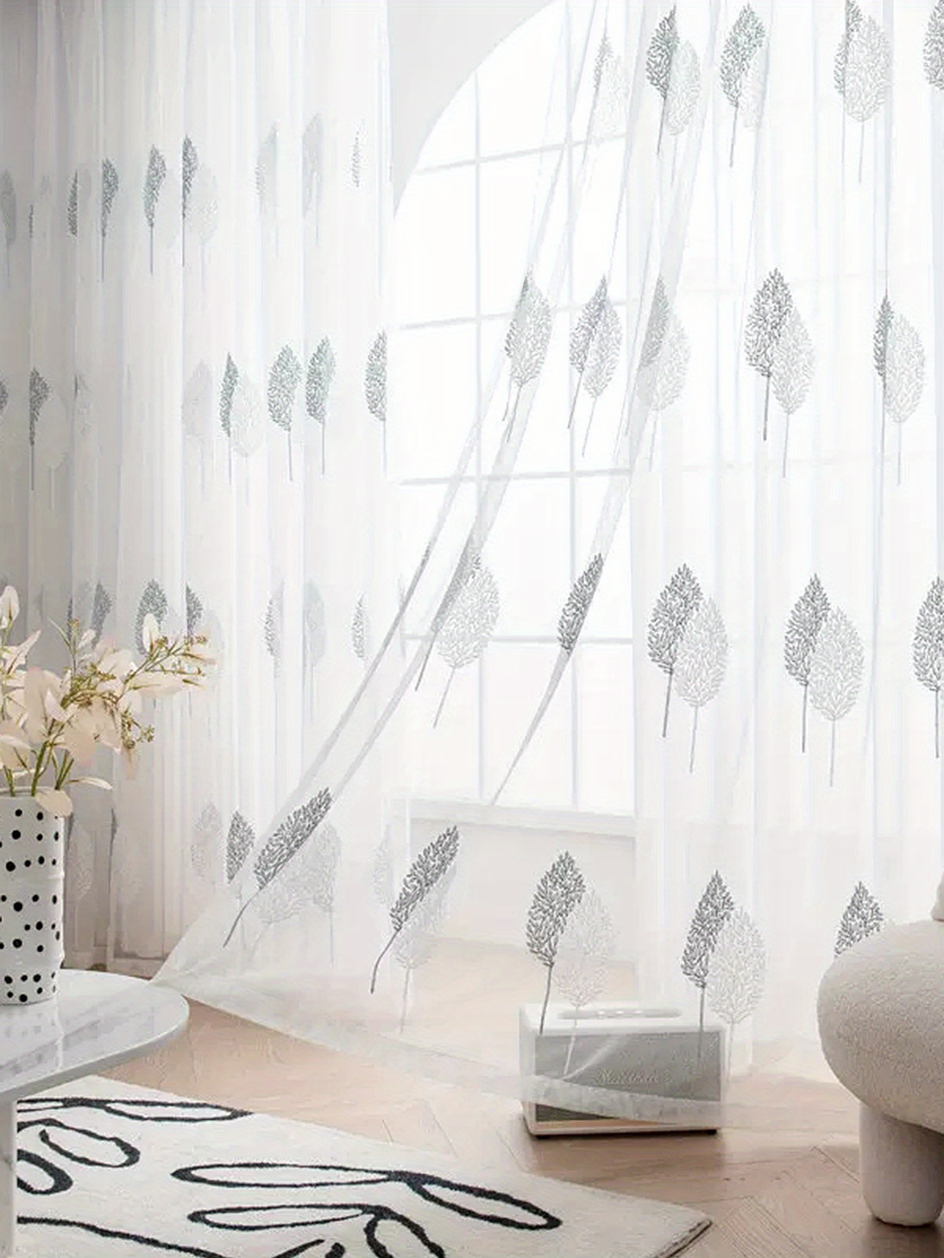 1pc simple embroidery tulle   style leaf embroidery sheer curtain translucent rod pocket curtain suitable for living room bedroom home decor details 5