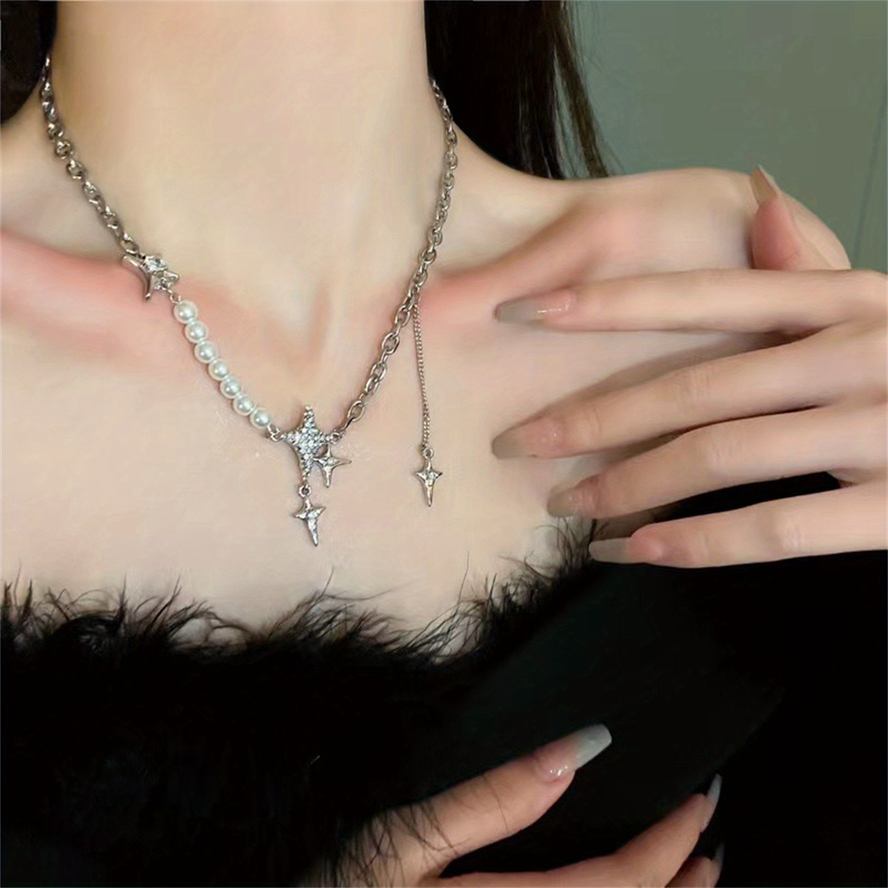 四芒星ペンダントネックレスフェイクパールチョーカー Neckalce