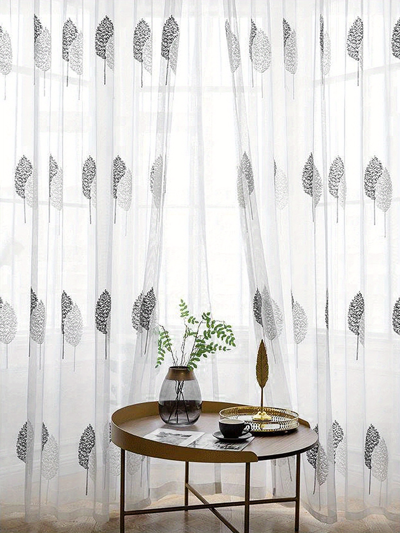 1pc simple embroidery tulle   style leaf embroidery sheer curtain translucent rod pocket curtain suitable for living room bedroom home decor details 0