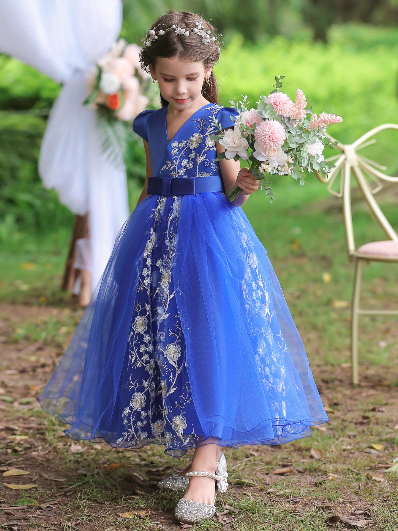 Kids Sleeve V neck Princess Dress Flower Girl Embroidery - Temu