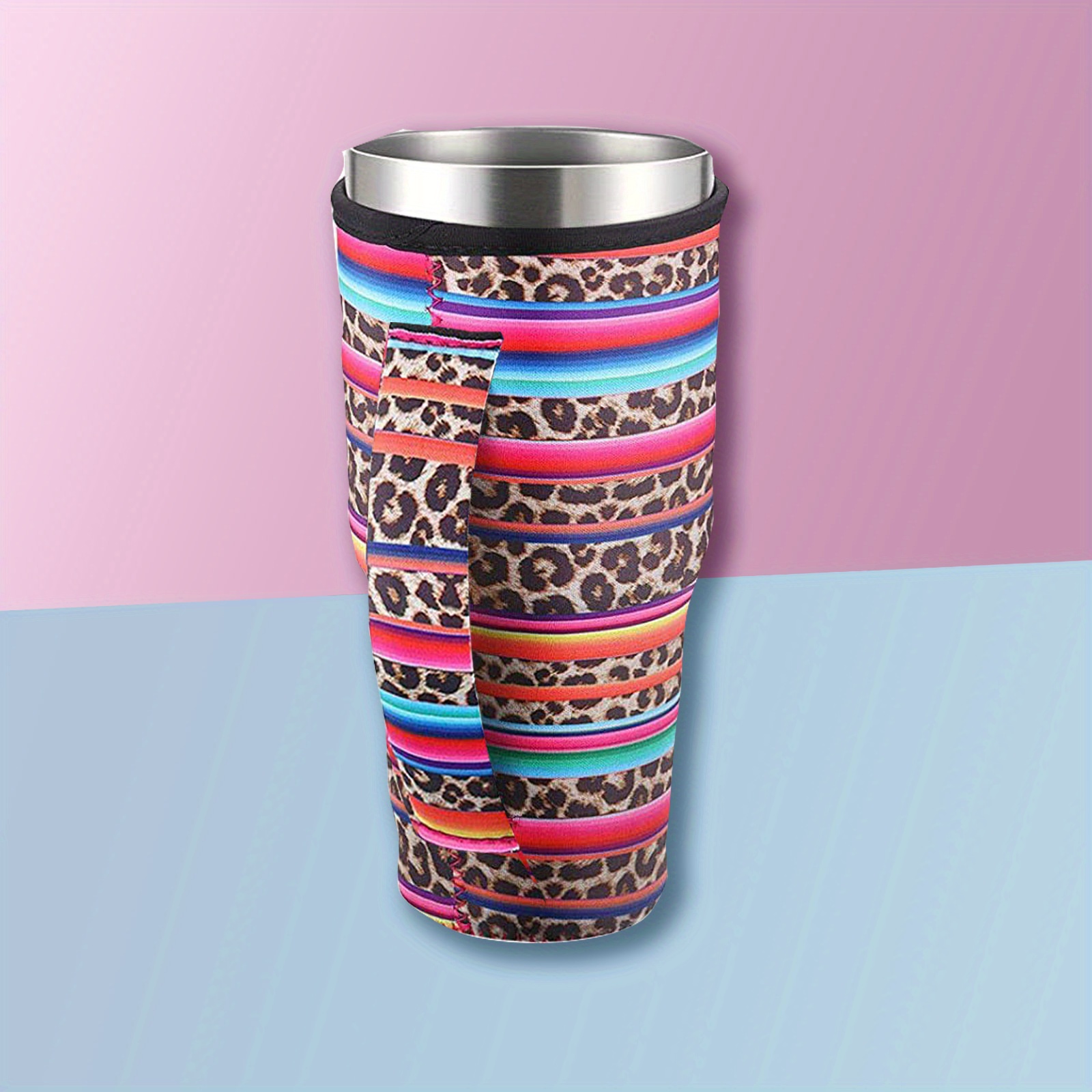 Gocuff Reusable Large Hot and Iced Cup Insulator Sleeve with Handle for Tumblers and Large Soda, Coffee, Tea - Pink Leopard - Bottomless