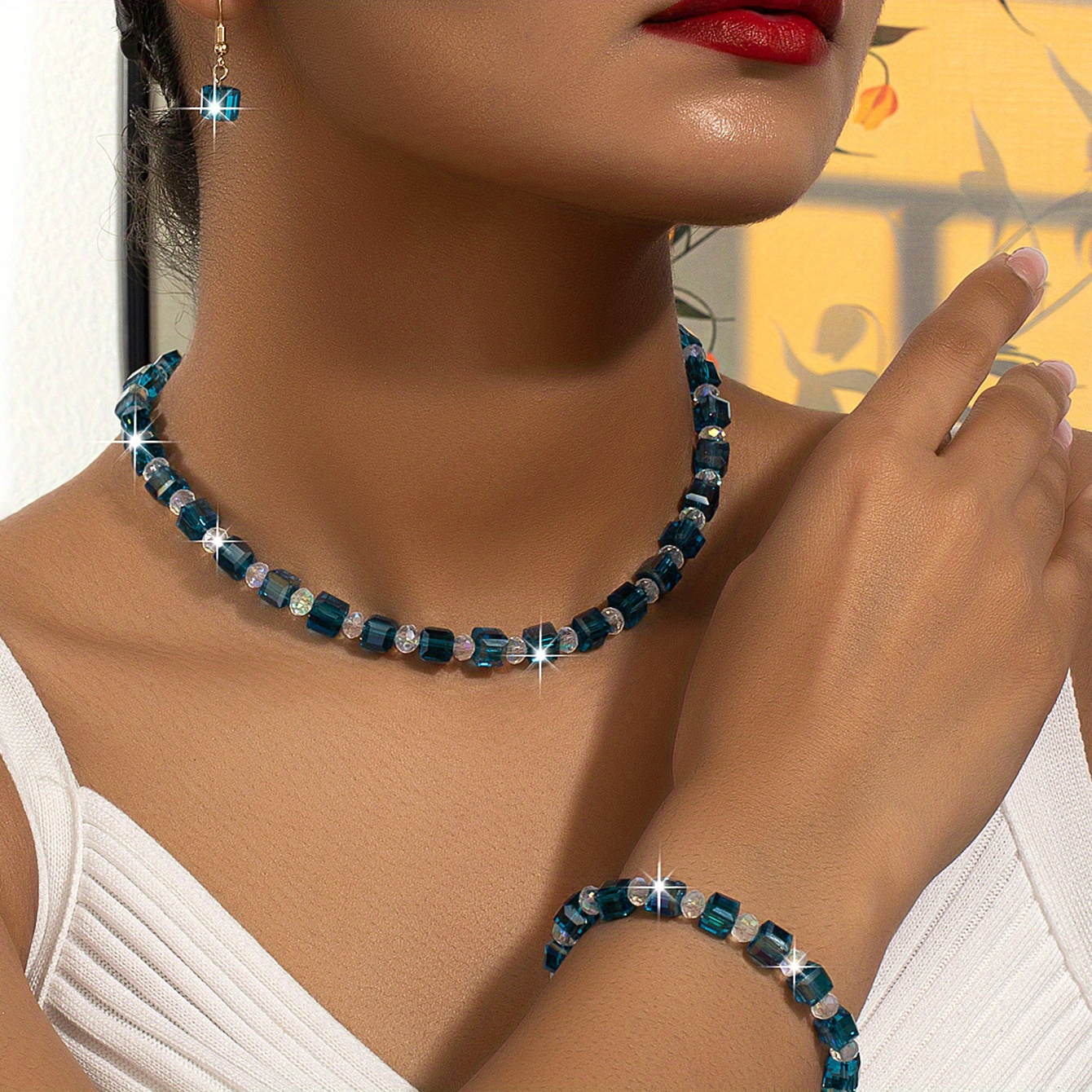 Image of A Necklace, A Bracelet, And A Pair Of Earrings - A Luxurious Bohemian-style Set Of Colorful Beaded Earrings, Elastic Bracelet, And Necklace