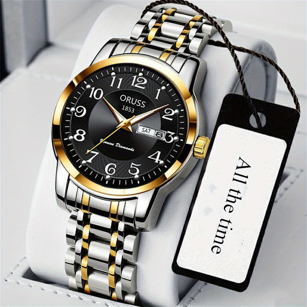 popular   elegant mens business watch precision digital scale dual calendar   alloy case band quartz movement details 2