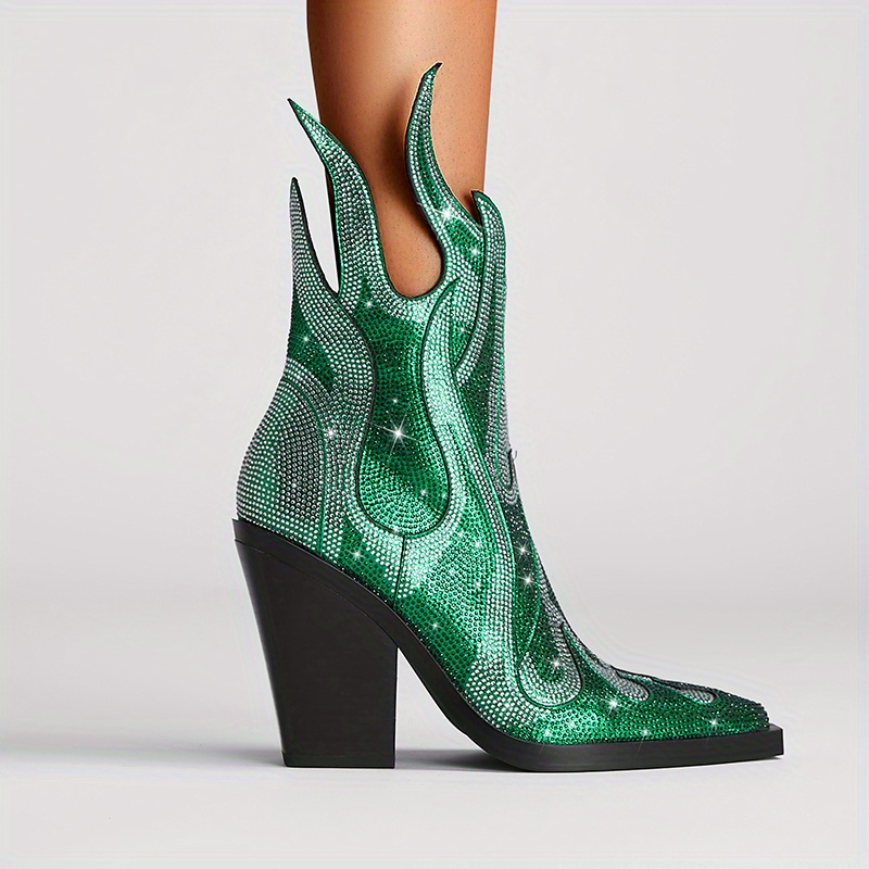 Women's Rhinestone Decor Boots Point Toe Side Zipper Flame Temu