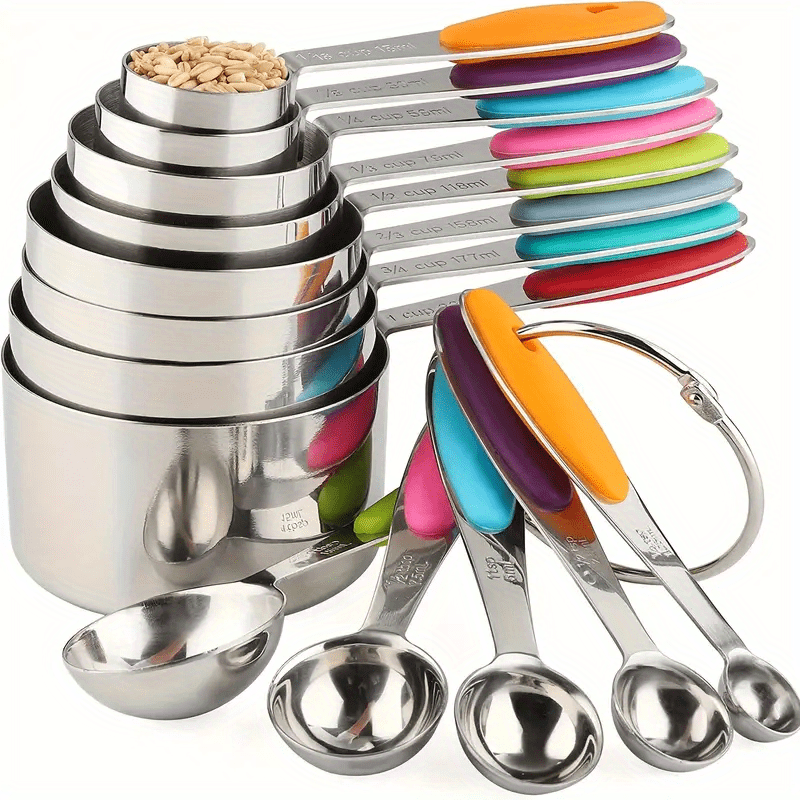  Stainless Steel Measuring Cups and Spoons Set - Metal Cup and  Spoon Set to Measure Dry Food - Silicone Handles - Great for Cooking and  Baking in the Kitchen - 10