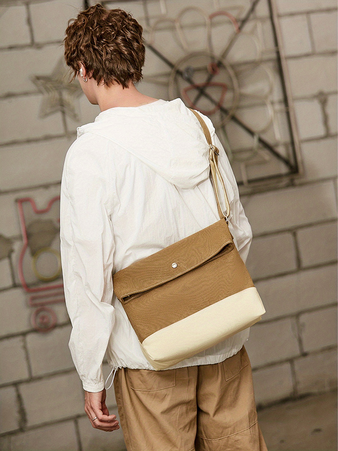 1pc Men's Two Tone Messenger Bag Large Capacity Casual Trendy Shoulder Bag  Canvas Shoulder Bag Satchel Bag