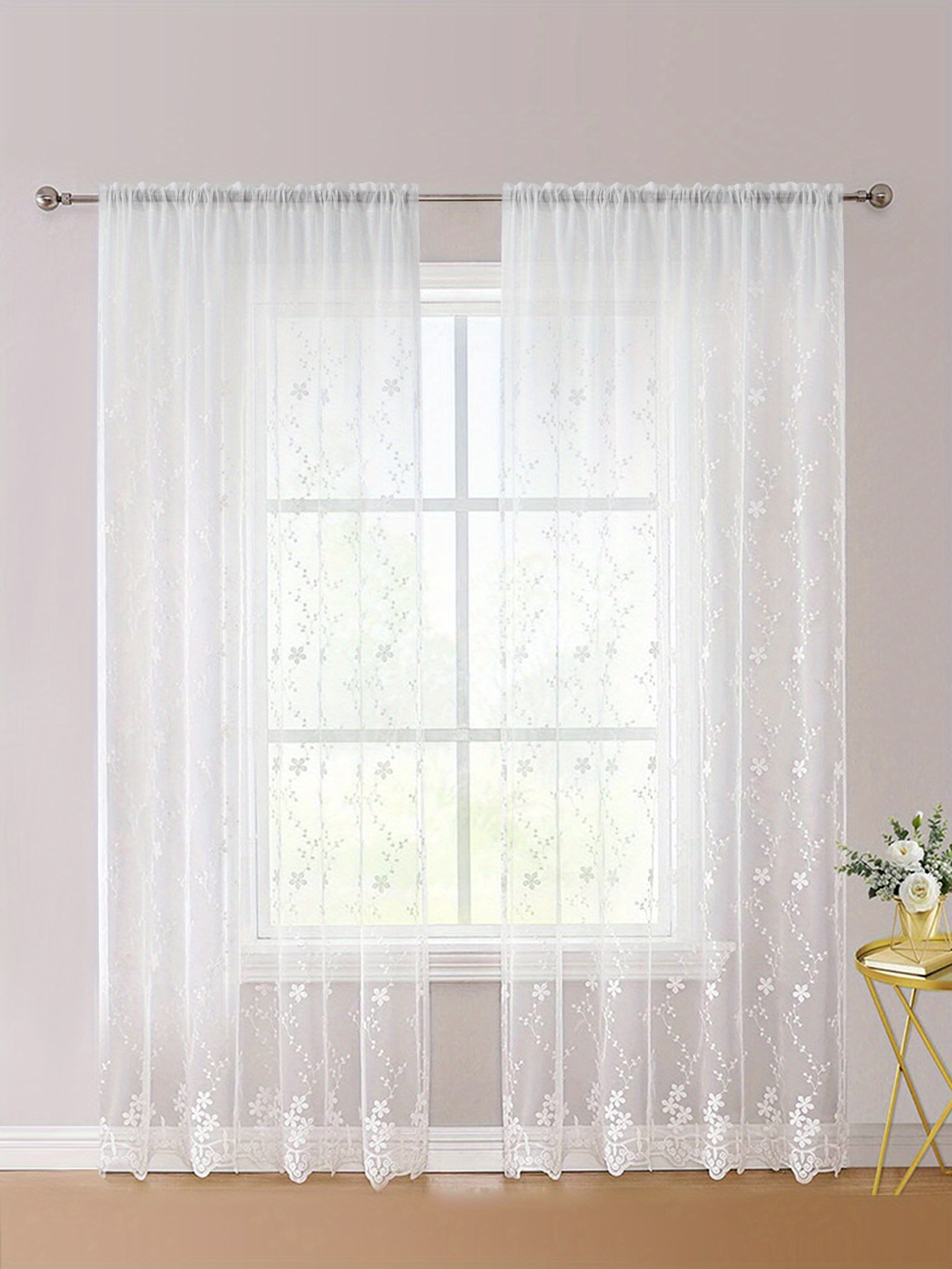 1pc simple romantic white small flower embroidery sheer curtain rod pocket window treatment for living room bedroom office home decoration details 6