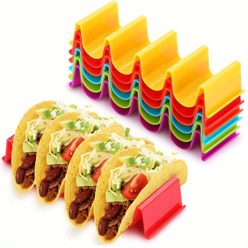 

1/6pcs, Taco Holder, Colorful Wave Shape Taco Tray, Taco Shell Holder Stand For Party, Hold 4 Tacos Each, Very Hard And Sturdy, Dishwasher Top Rack Safe, Kitchen Tools, Kitchen Accessories