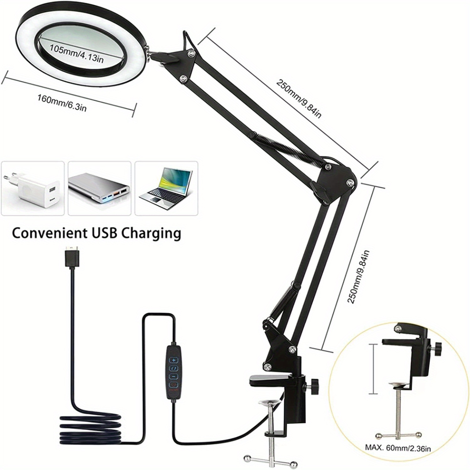 Loupe Avec Lumière X10 Et Pince - 5 Luminosités, Col Cygne Flexible | Pour Lecture, Bricolage