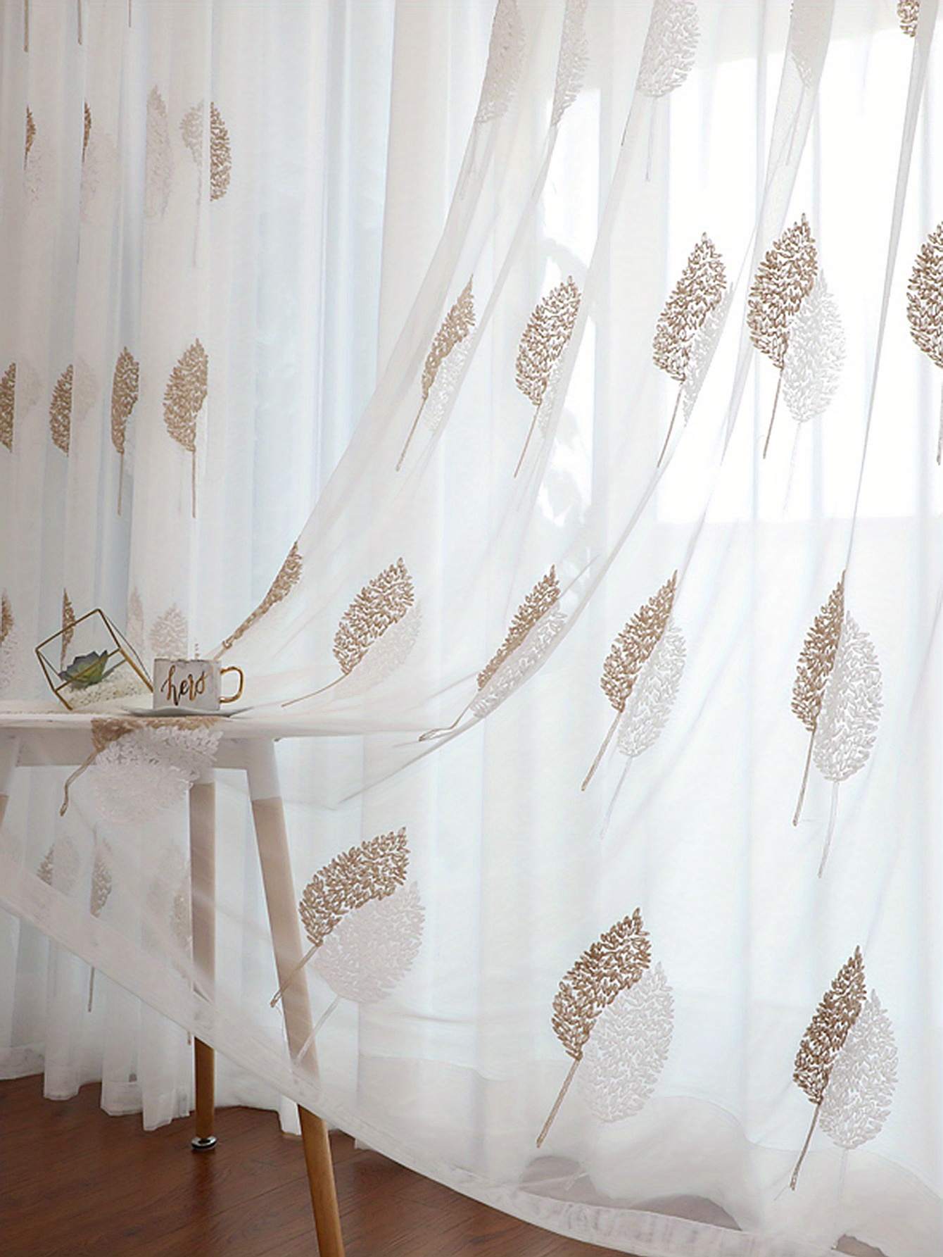 1pc simple embroidery tulle   style leaf embroidery sheer curtain translucent rod pocket curtain suitable for living room bedroom home decor details 1