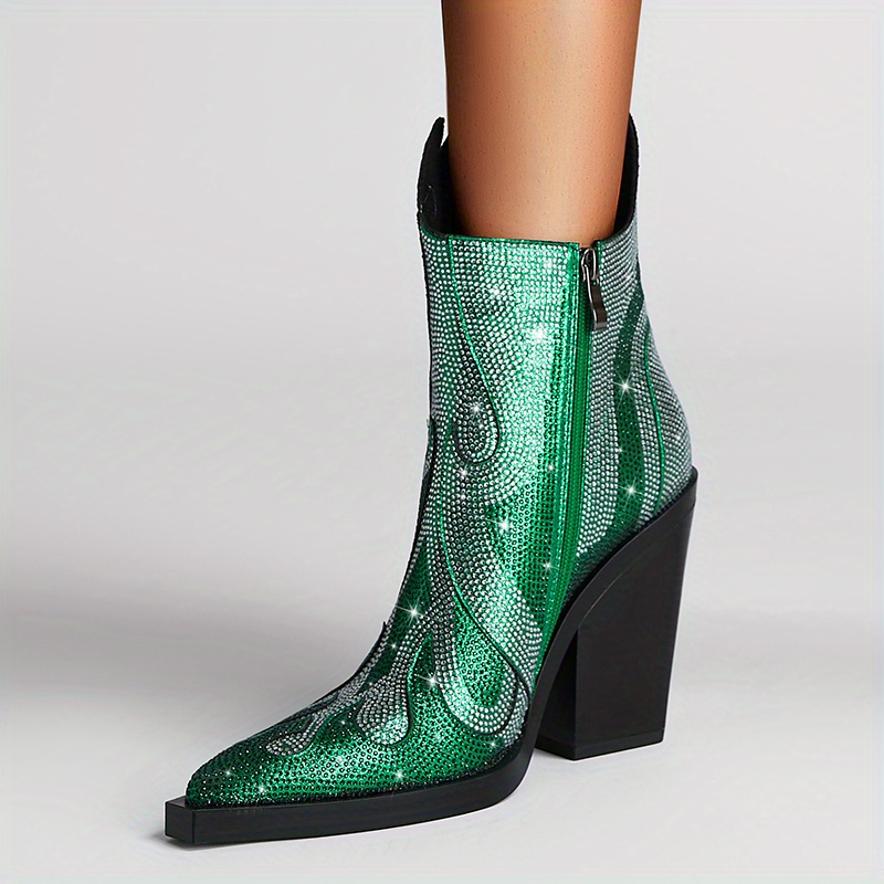 Women's Rhinestone Decor Boots Point Toe Side Zipper Flame Temu