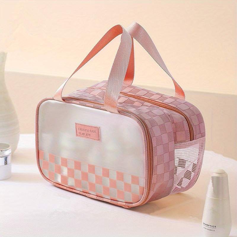 1pc Pink Square Checkerboard Large Capacity Waterproof Cosmetic