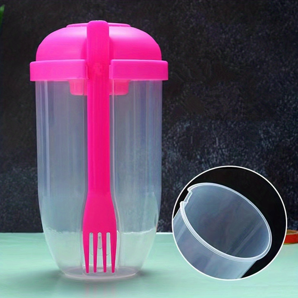 1pc Pink Food Storage Cup With Spoon, Plastic Salad Cup For Outdoor