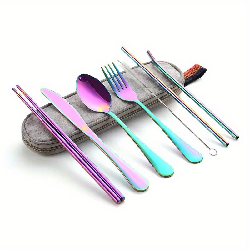 Rainbow Travel Utensil Set, Stainless Steel Camping Cutlery, Portable  Utensils Set with Case, Set of 6 Reusable Silverware Set, Lunch Utensils  Set for