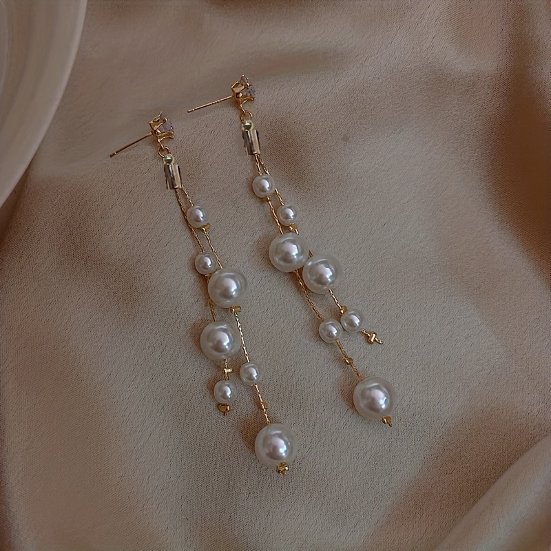 TEMU Boucles d'oreilles pendantes élégantes à longues franges - Bijoux clous pour femme avec accents, parfaits pour fête, banquet, bal d'année,