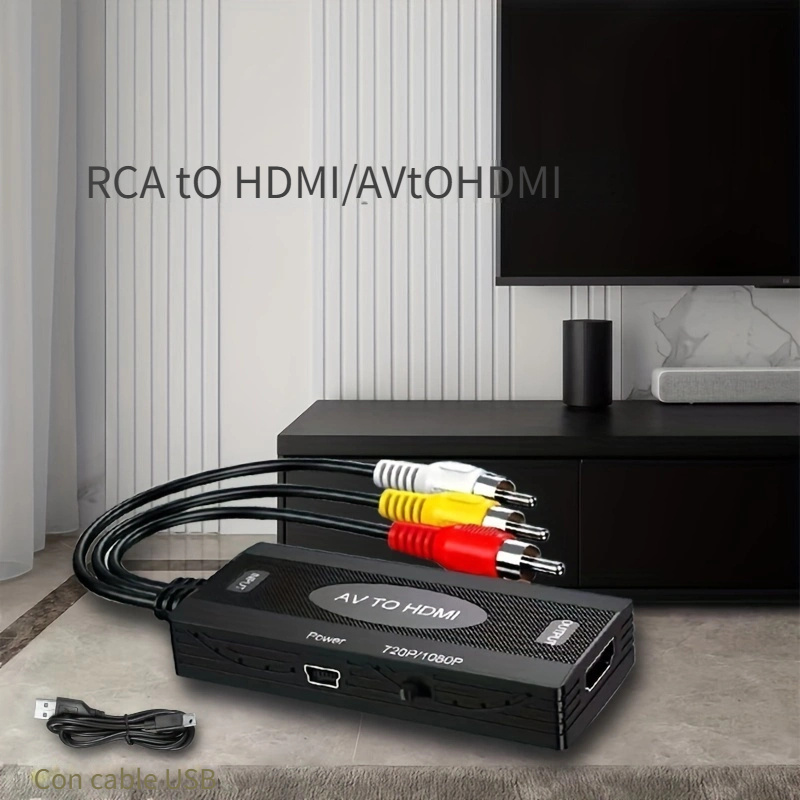RCA a HDMI, convertidor AV a HDMI, convertidor compuesto a HDMI compatible  con WII, PS One, PS2, PS3, STB, Xbox, VHS, VCR, DVD Blue-Ray, con cable