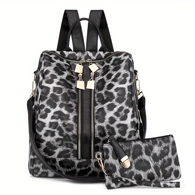 Leopard Print PU Leather Backpack For Women Fashionable Travel