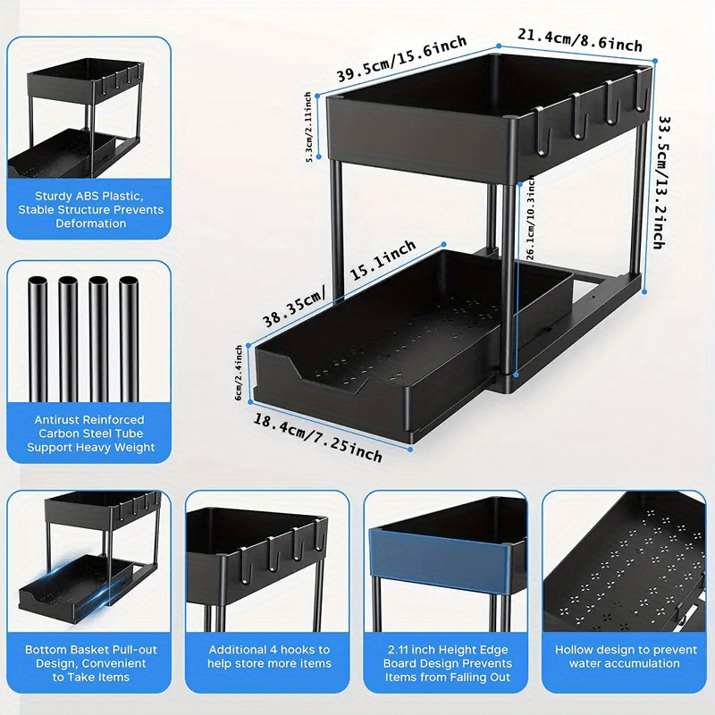 1pc under sink organizer with sliding drawer 2 tier sliding cabinet basket bathroom kitchen cabinet organizer with hooks storage cup home kitchen accessories details 6