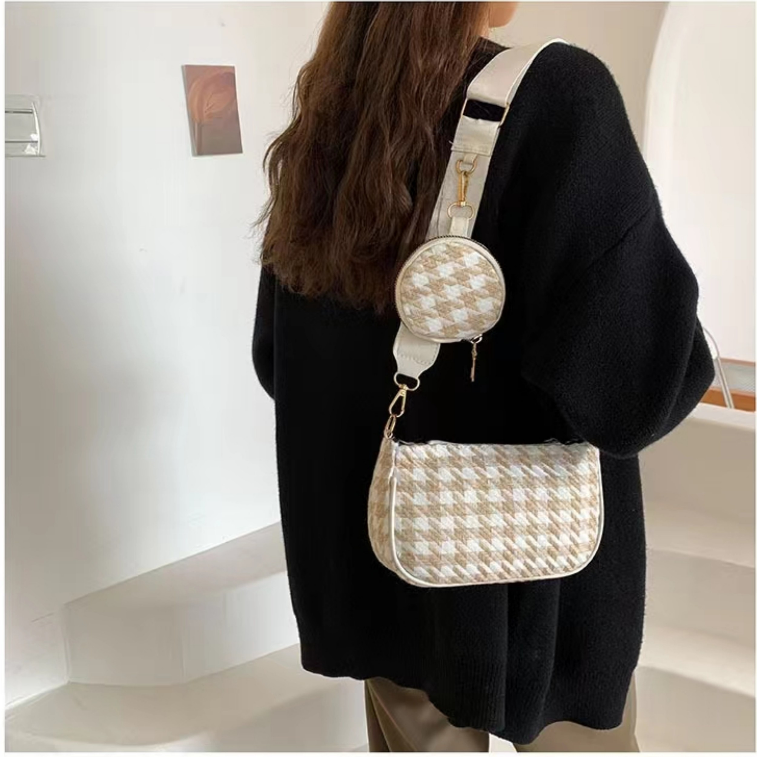 Mini Top Handle Plaid Crossbody Bag, Pu Leather Textured Bag Purse